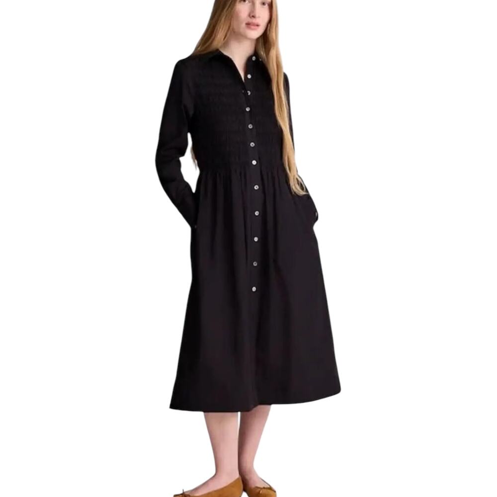 NWT Madewell Smocked Button Front Long Sleeve Midi Dress Black Size Small